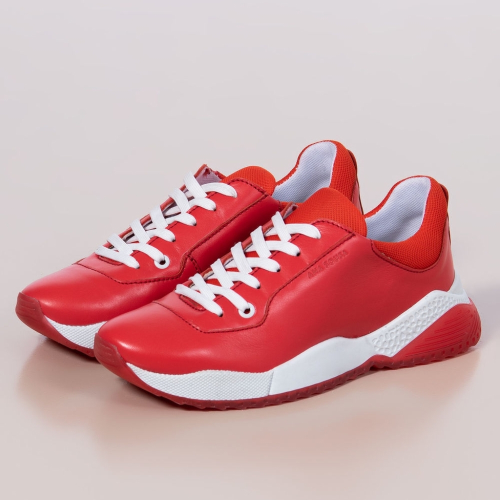 Ana Sousa Red Neon Leather Sneakers with White Accents,Sz.8